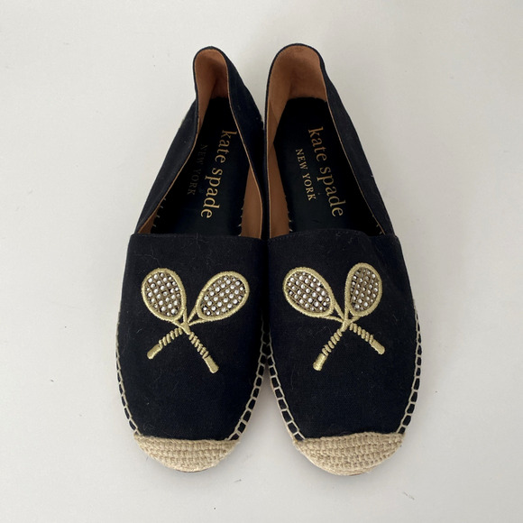Kate Spade Doubles Tennis Racket Embroidered Canvas Espadrille Flat Black Gold 9 - Picture 3 of 8